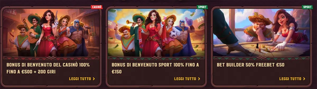 Promotional banner row for an Italian gaming site showing three offers: a casino welcome bonus of 100% up to €500 plus 200 free spins, a sports welcome bonus of 100% up to €150, and a bet builder promotion with a €50 freebet.