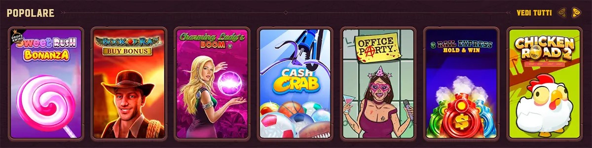 Popular online casino game carousel in Italian showing slot tiles for Sweet Rush Bonanza, Book of Ra Buy Bonus, Charming Lady’s Boom, Cash Crab, Office Party, 3 Rail Express Hold & Win, and Chicken Road 2.