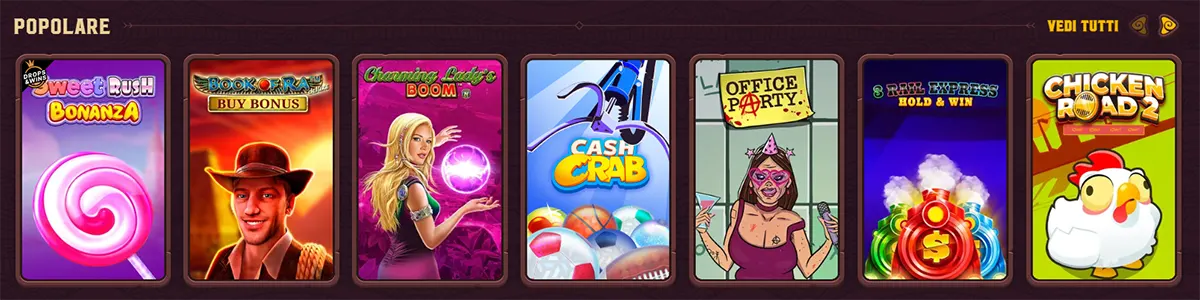 Popular online casino game carousel in Italian showing slot tiles for Sweet Rush Bonanza, Book of Ra Buy Bonus, Charming Lady’s Boom, Cash Crab, Office Party, 3 Rail Express Hold & Win, and Chicken Road 2.