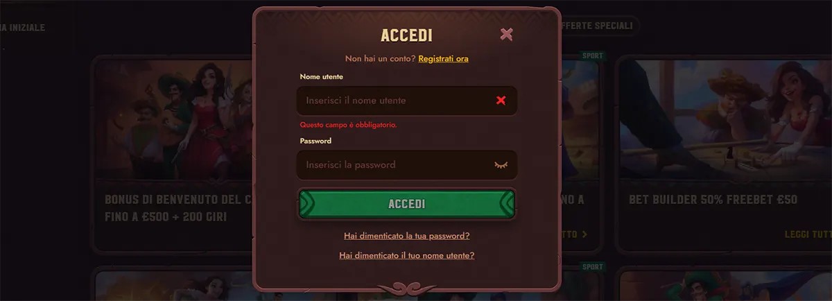 Italian online casino login popup with username and password fields, validation error text under the username field, a green login button, and links for forgotten password or username over a darkened homepage background.