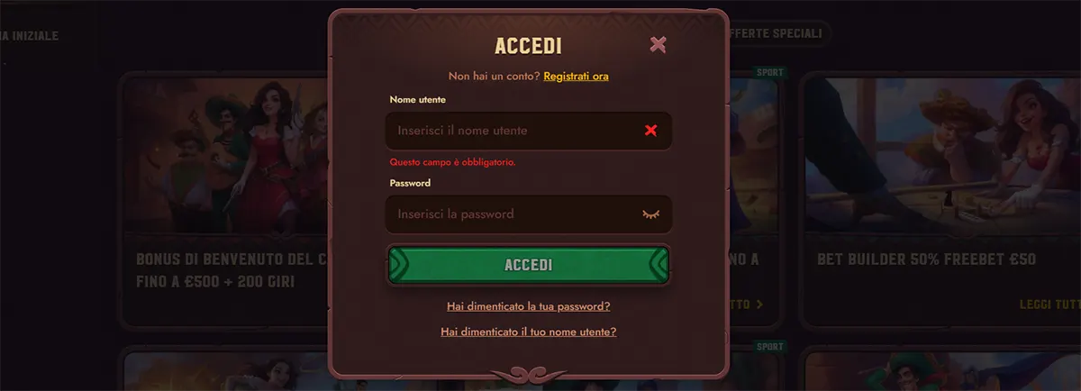 Italian online casino login popup with username and password fields, validation error text under the username field, a green login button, and links for forgotten password or username over a darkened homepage background.